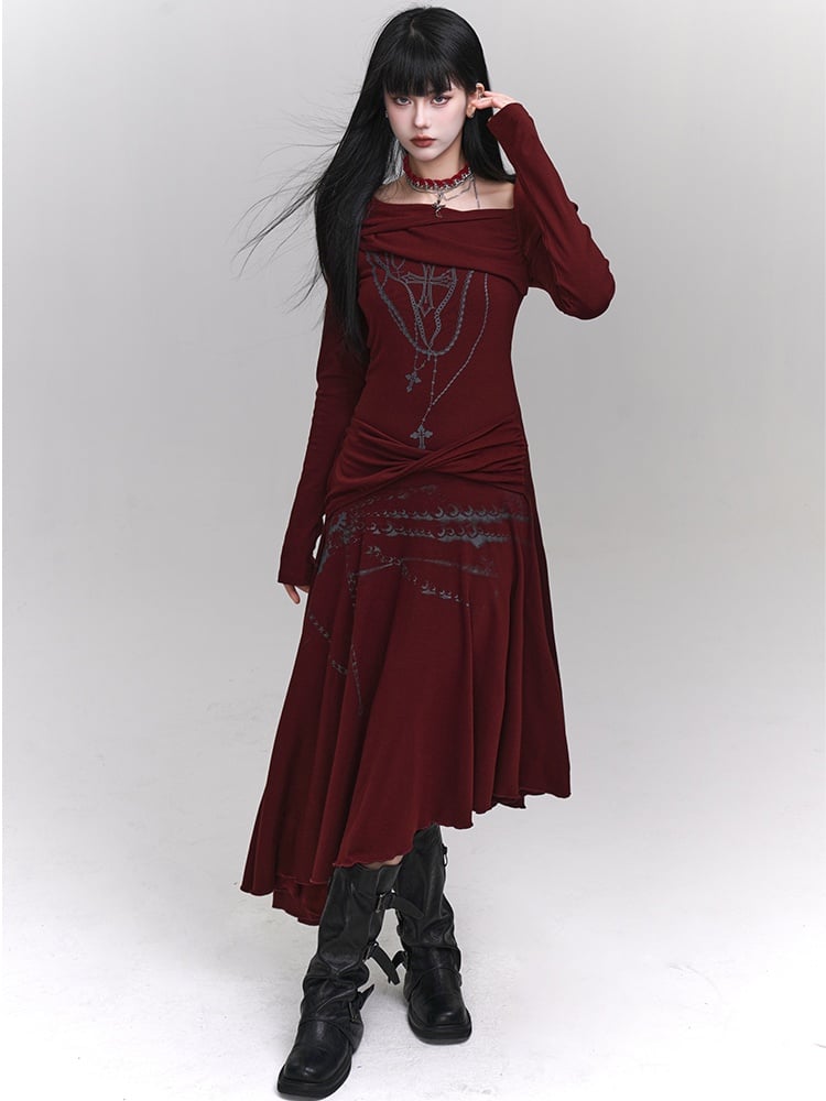 Robe croisée rouge vin asymétrique à encolure et ourlet torsadés