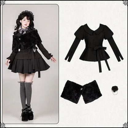Black Juliette Sleeves Rounded Flat Collar Coat + Shawl + Brooch