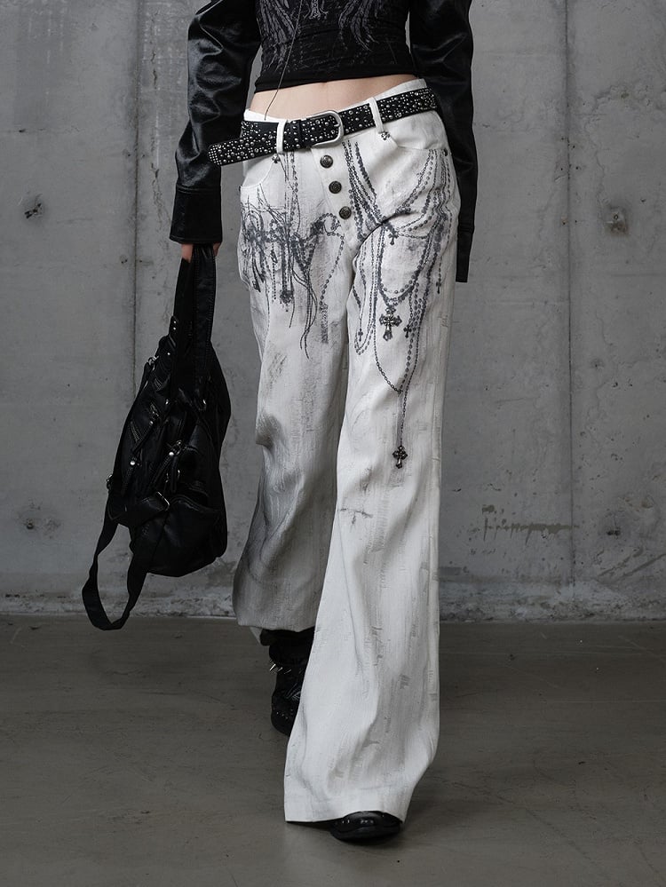 with Chain Studs Print Punk Cross Pants Button-Up Wide-Leg Fly White