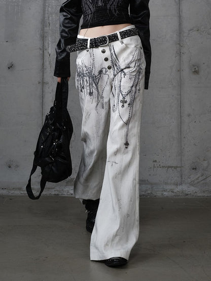 with Chain Studs Print Punk Cross Pants Button-Up Wide-Leg Fly White