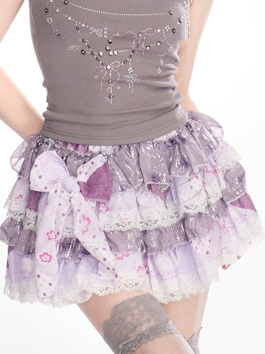 Lavender Elastic Waist Lace Trim Sweet Tiered Skirt