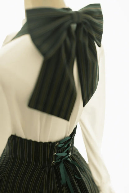 Historical Vibes Dark Stripped Neck Underbust Pattern Dress Halter Green