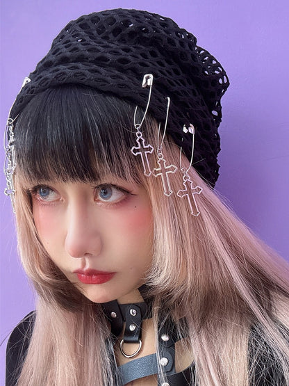 Charm Black Beanie Details Pin Y2K Design Cross Fishnet