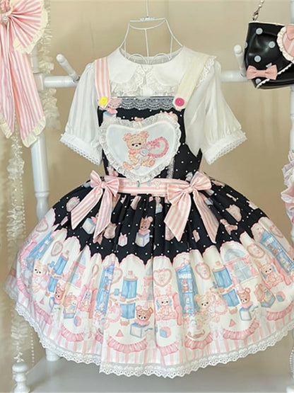 Bunny Plush Toy Sweet Teddy Lolita and Dress Black Print Overall