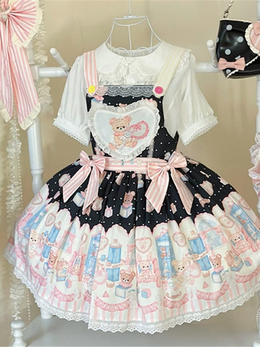 Bunny Plush Toy Sweet Teddy Lolita and Dress Black Print Overall