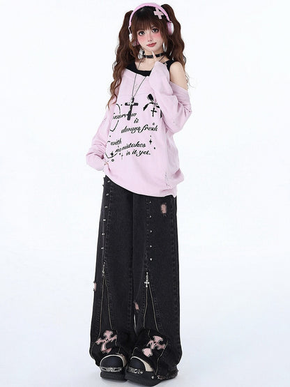Waist Black Detail Jeans Punk Design Studs Zips High