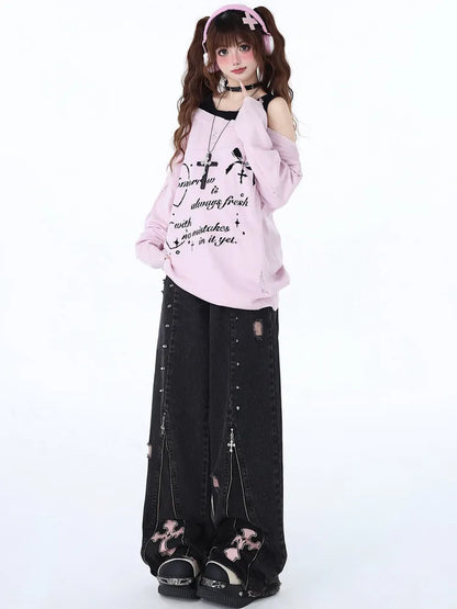 Studs High Waist Black Detail Punk Jeans Zips Design