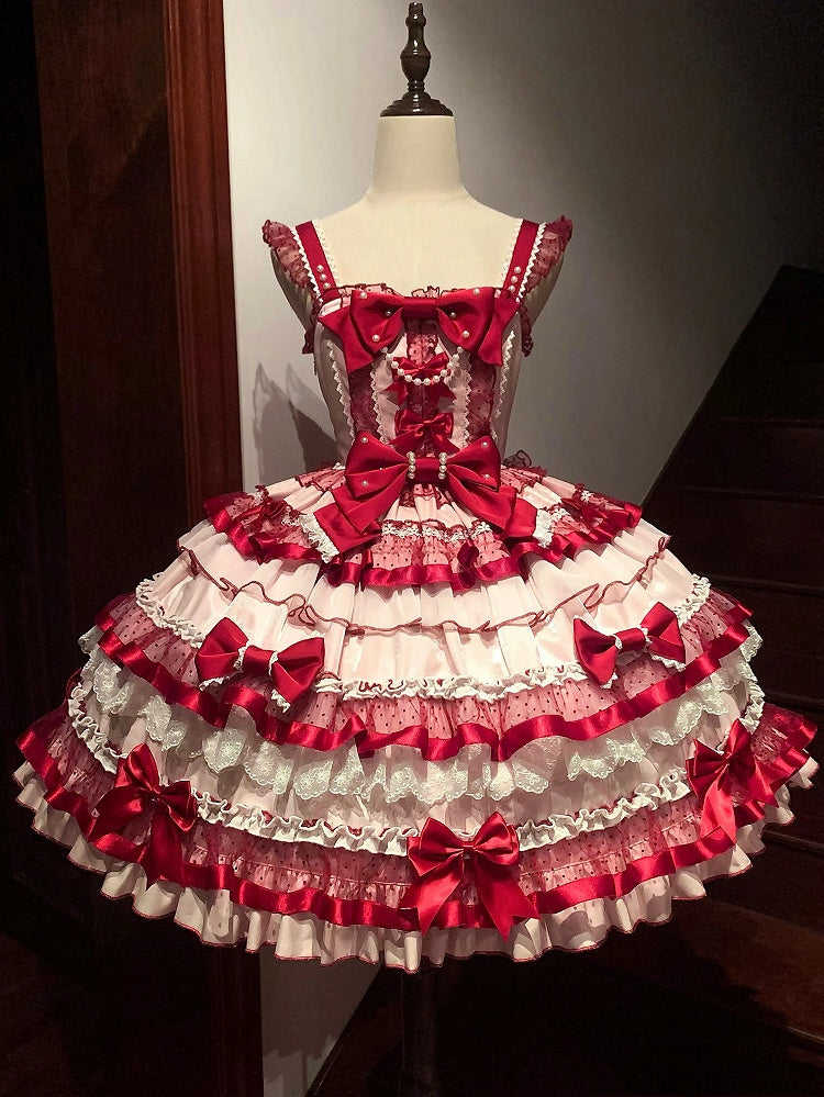 Robe Lolita Old School rose et rouge avec jupe à volants superposés et nœuds papillon