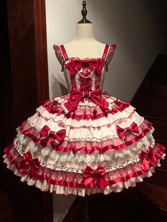 Robe Lolita Old School rose et rouge avec jupe à volants superposés et nœuds papillon