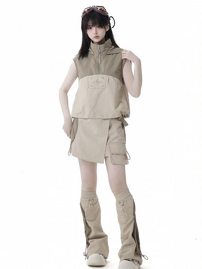 Khaki Colorblock Design Drawstring Hem Techwear Hooded Tank Top