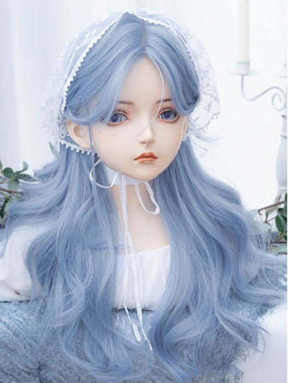 Blue Long Wavy Synthetic Wig With Curtain Bangs