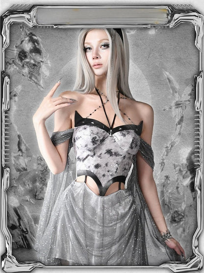 Dress Cyberpunk Futuristic Silver Tie Halter Neck Midriff Dye Y3K Fashion Cutout