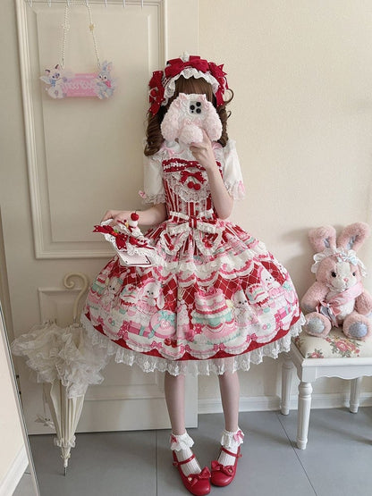 Red Bunny Lolita Jumper Cherry Skirt Print and Dress Sweet