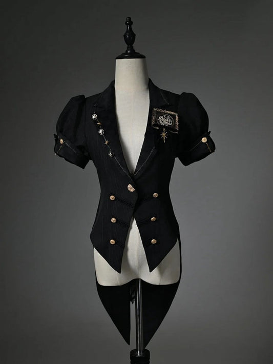 Sleeves Top Puff Blazer Black Split-Tail Short Collar