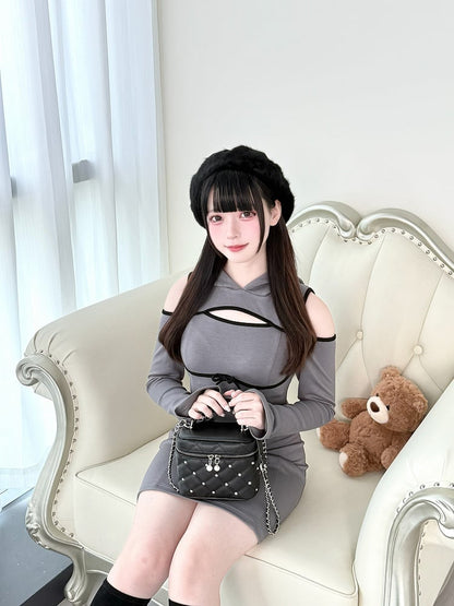 Jirai Hoodie Shoulder Gray Daywear Cutout Kei Above-Knee - Chest Dress