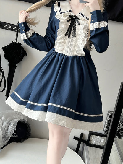 Dark Blue Long Sleeves Ruffled Trim Above Knee Dress