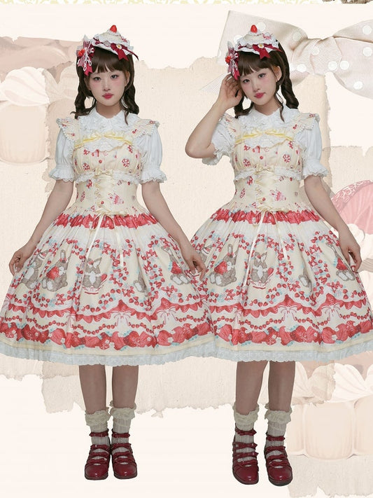 Skirt Lolita Dress Sleeves Front Flutter Strawberry and Bunny Print Lace-up Country Cottagecore Yellow Jumper