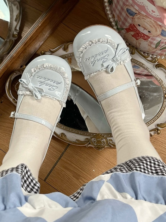 Trim Flats Toe Runde PU Rüschen Stickerei Brief Blau Baby Leder