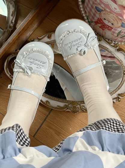 Trim Flats Toe Runde PU Rüschen Stickerei Brief Blau Baby Leder