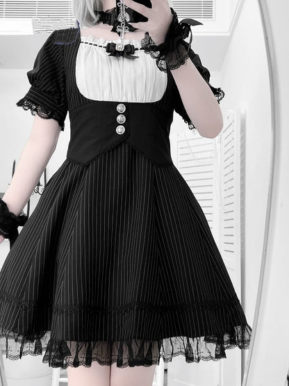 Kleid Schwarz Voll Gestreiften Taille Jirai Kei Set Korsett Gürtel Design bei mit