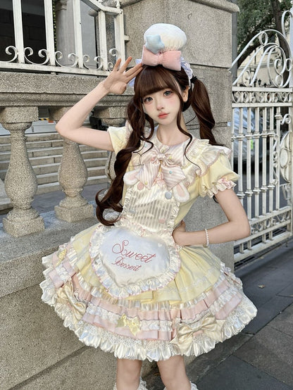 Theme Pink Yellow and Sleeves Puff Lolita Maid Sweet Bunny Dress