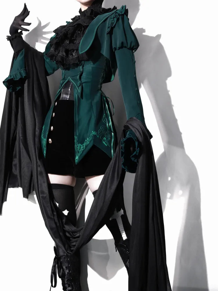 Green Juliette Sleeves Flounce Cuffs Cropped Top