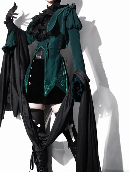 Green Juliette Sleeves Flounce Cuffs Cropped Top