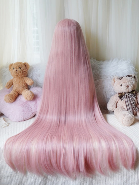 Perruque longue et lisse marron foncé/blond/rose avec frange complète