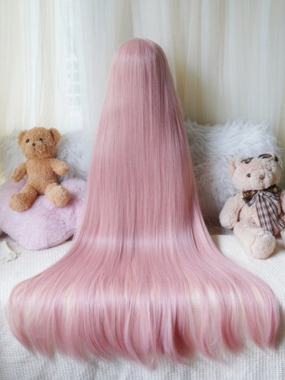 Perruque longue et lisse marron foncé/blond/rose avec frange complète