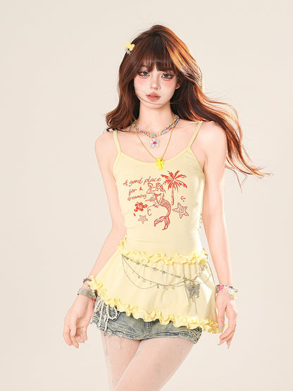 Mermaid Print Ruffle Trim Cami Top Yellow/Blue