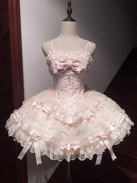 Shoulder Thin Jumper Boned Lolita Corset Apricot Pink Dress Straps Skirt and
