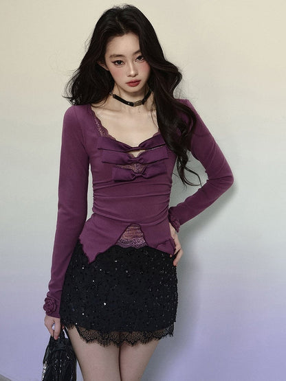 Purple Bow Accents Lace Trim V-neck Long Sleeves Top