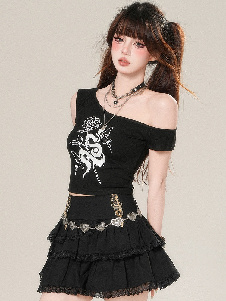 White/Black T-shirt Glamorous Asymmetrical Print Rosette Bittersweet Neckline