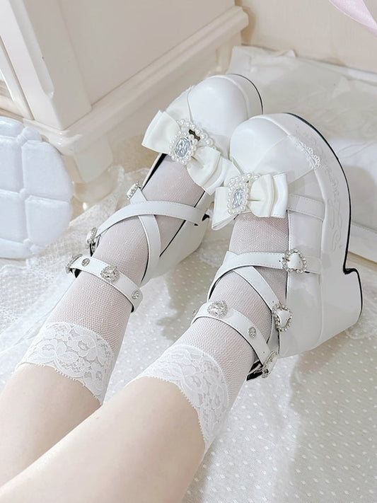 Matte Rhinestone And Bow White Block Kei at High Platform Beaded Jirai Decorated Heels Top