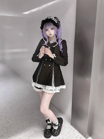 High Mini Coord with Dress Slit Matching Kei Black Set: Jirai Lace-Paneled Edgy Shorts