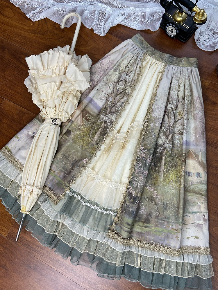 油絵プリントのグリーンレイヤードフリル裾ロリータスカート