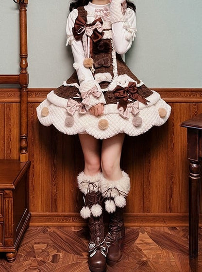 Dress and with Scalloped Brown White Sweet Trim Lolita Overalls Pom-poms Bowknots Edge