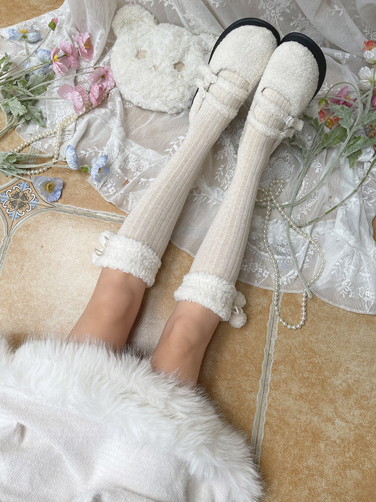 Lolita Pompons Cotton Stockings with Fleece Cuff