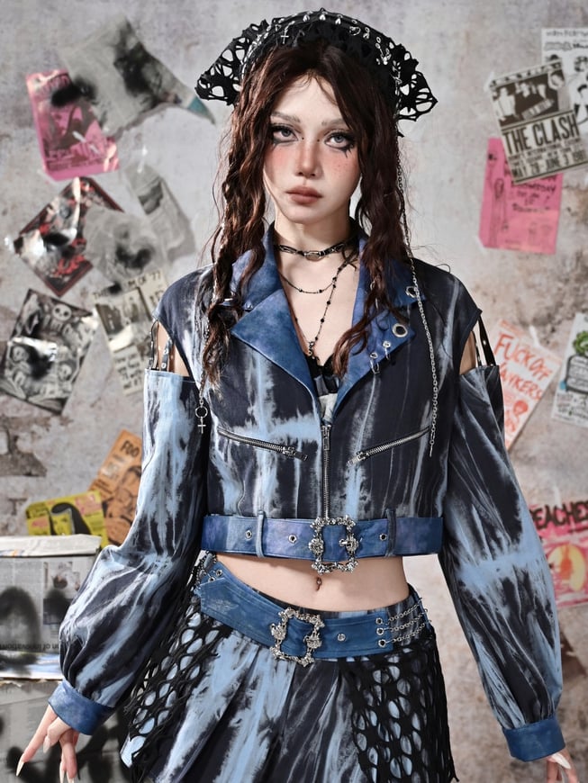 Grunge Punk Rock Blue Cutout Sleeves Tie Dye PU Moto Jacket with Free Belt