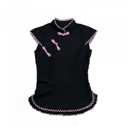 Haut noir sans manches à boucle cheongsam