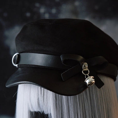 Charm Black Gothic Buckle Design Beret Bell Bowknot Hat Decorated