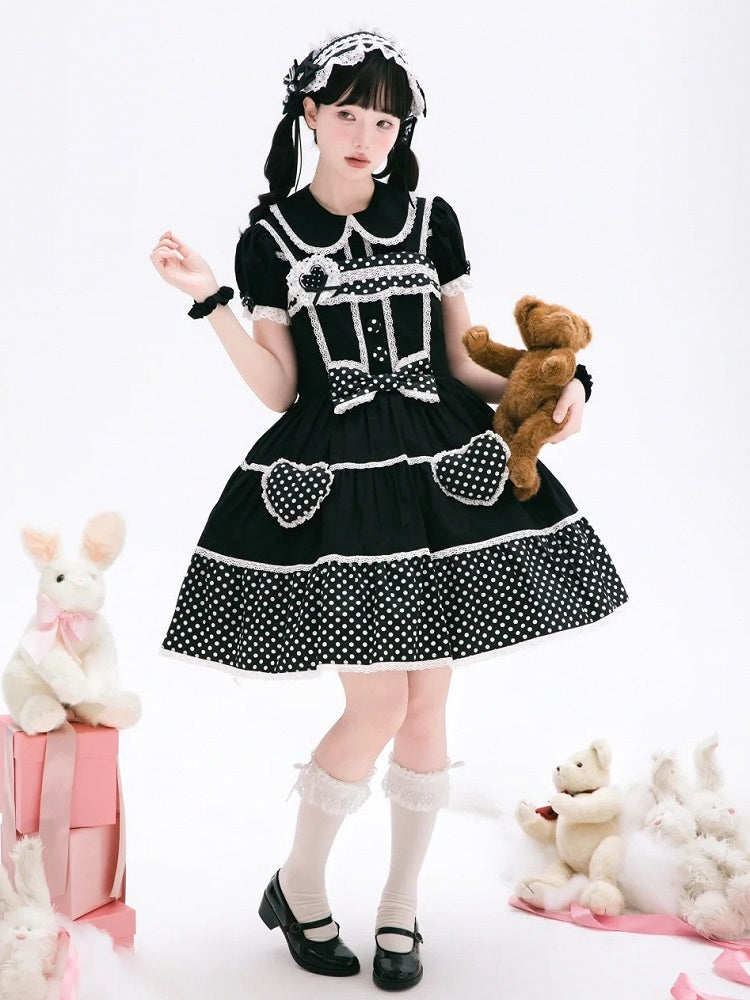 Dress School Polka Old Black Cotton White Dots Lolita