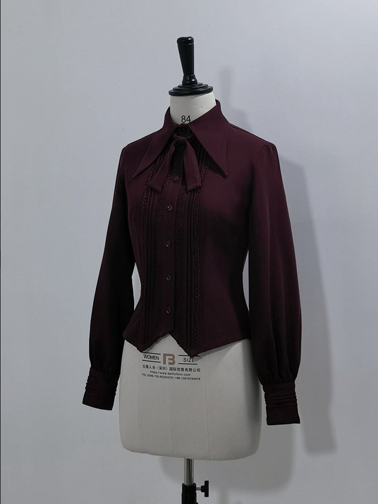 Wine Hemline Placket Shirt Vampire Pleated Lace Point Detailing and Lolita Ouji Triangle Red Collar