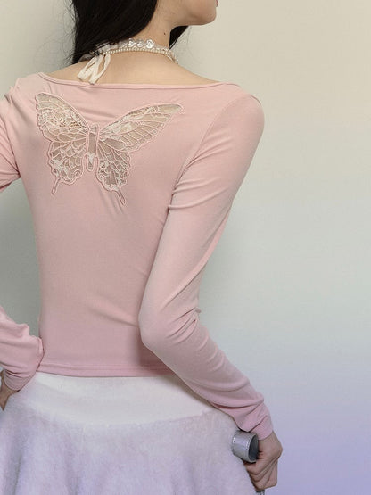 Pink Lace Butterfly Cutout Halter Neck Long Sleeves Top