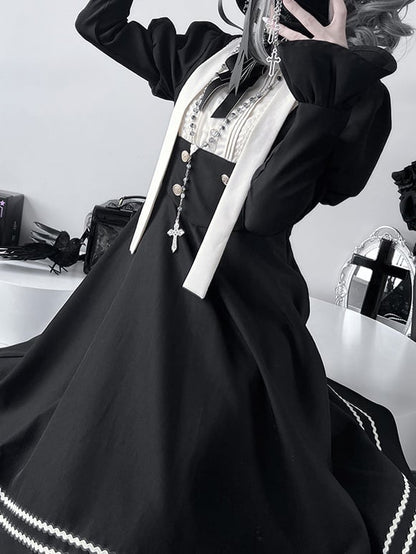 Black Ruffled Trim Long Sleeves Nun Dress