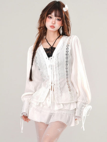 White Lace-up Placket V-neck Lace Blouse Balloon Sleeves