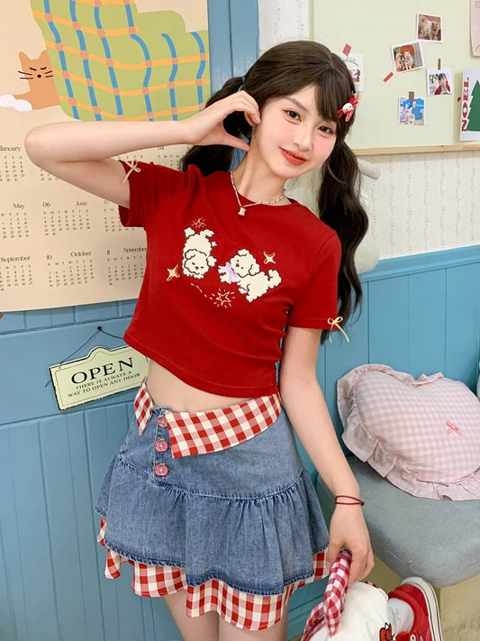 Red Round Neck Adorable Puppy Embroidery Cropped T-Shirt