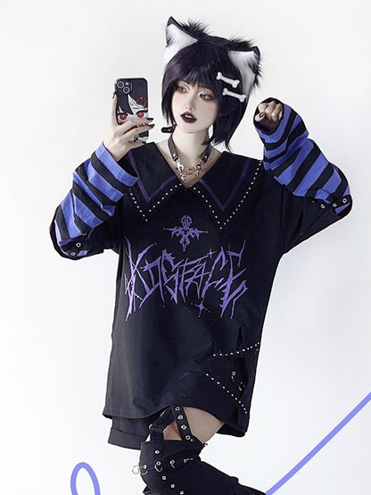 with in Sleeves Purple Pointed Black Top Graphic Contrast Striped White / Sailor Collar