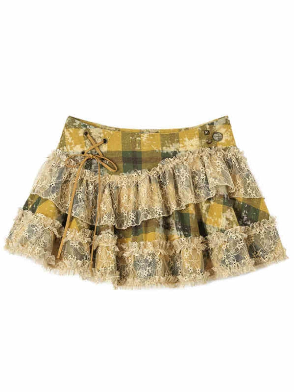 Green and Yellow Plaid Vintage Asymmetrical Lace Mini Skirt