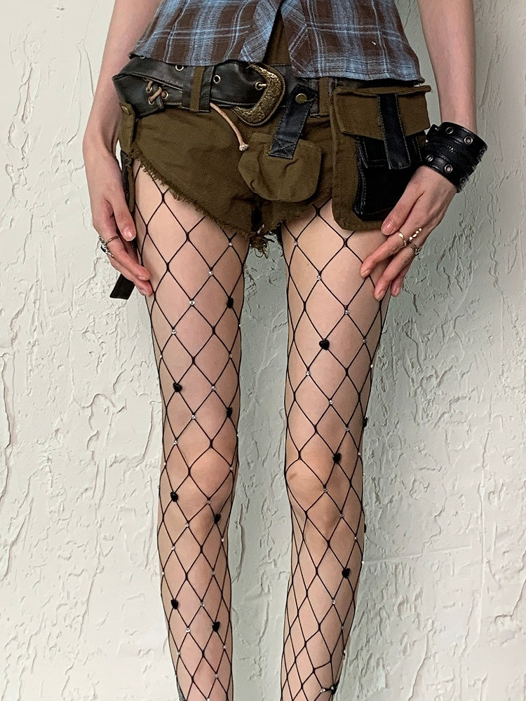 Black/White Decorated Heart Y2K Details Rhinestone Fishnet Tights